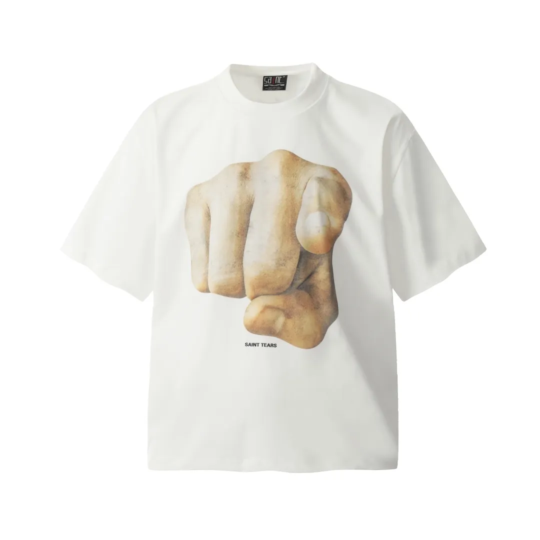 VT9232 Black P140💰 White P130💰 Saint Michael finger print vintage retro washed vintage short sleeves small neckline design white ink digital direct printing high street retro heavyweight washed vintage short sleeves Size: S M L XL